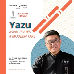 A modern take on Asian plates. This poster for the Yazu pop-up in Jaipur highlights the collaboration and the unique culinary experience offered by Brand Chef Ihsan Shin.