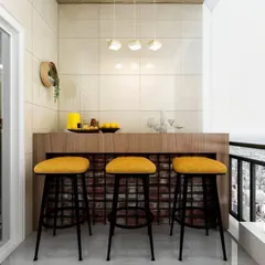 This high-top bar counter is perfect for enjoying city views. We used a brick-patterned base with a simple wooden top and modern bar stools. Pendant lighting above the counter makes it an ideal spot for evening drinks.