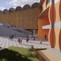 These renderings show the overall architectural vision for Urban Gurukul in Bangalore. The design uses organic forms and natural materials to create a K-12 school that feels rooted in its cultural heritage while providing modern, flexible learning spaces for students.