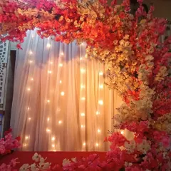 This is a simple yet beautiful backdrop we provide, featuring an arch of red and white artificial cherry blossoms. It is paired with a clean white curtain and fairy lights, perfect for a compact space or a minimalist aesthetic.