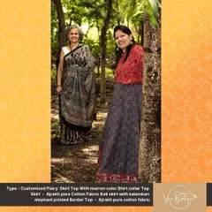 Two of our lovely customers, one wearing a custom Ajrakh skirt and top, and the other in a beautiful Ajrakh saree. It’s wonderful to see how our fabrics can be styled in so many different ways.