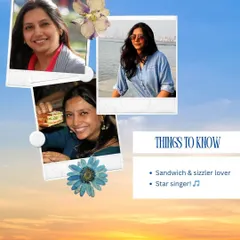 A few fun facts about our head chef, Charmi! She's a sandwich and sizzler lover and a star singer. Her creative spirit shines through in our food.