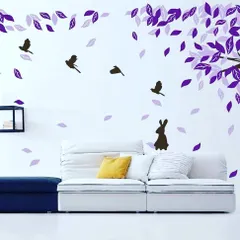 A whimsical nature scene with falling purple leaves and silhouettes of birds and a rabbit. This design adds a sense of movement and fantasy to a modern living space.