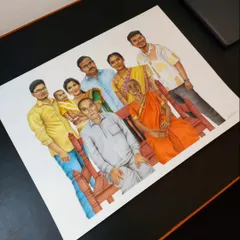 This family portrait was a special challenge that I loved. The client from Telangana gave me separate photos, and I combined them into this single, cohesive colour pencil sketch on A2 size paper, bringing the whole family together in one frame.