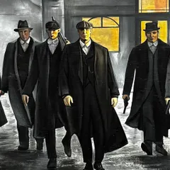 A close up on the central figures of the Peaky Blinders mural. I spent a lot of time on the expressions and clothing to capture the distinct personalities of the characters.