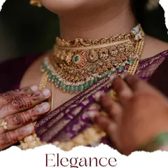 A detailed shot of a bride's traditional gold choker necklace and henna-adorned hands.