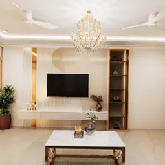 This angle shows the TV unit and display cabinet from the same 3D design. Notice the mix of white laminate, gold accents, and integrated lighting, which creates a balanced and modern entertainment area.