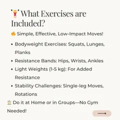 What Exercises Are Included? The study used simple, effective, low-impact moves like bodyweight squats and lunges, resistance bands, and light weights (1-5 kg). These can be done at home without a gym.