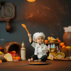 A creative and fun 'mini chef' themed photoshoot with a toddler dressed in a chef's uniform, playfully holding a wooden spoon in a rustic kitchen setup.