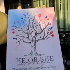 A 'He or She' gender reveal activity where guests add their thumbprint in blue or pink to a tree. It's a creative way to involve everyone and creates a beautiful keepsake for the parents.
