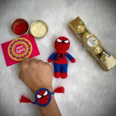 For the little superhero fans, I created this Spiderman Rakhi that comes with a matching Spiderman doll. It's a gift and a Rakhi all in one.
