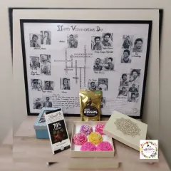 A large-scale 23x28 inch black and white frame created for 'Vijayendrians Day'. It features sketches of the actor's various characters and a custom crossword puzzle with his show names.