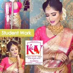 This student-created look features a classic South Indian bridal bun adorned with fresh jasmine flowers. The collage also shows the hairstyle from the back, highlighting the neat execution.