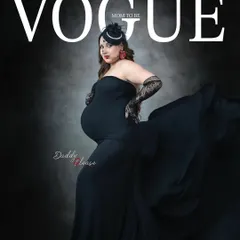 A glamorous, Vogue-inspired "Mom to be" magazine cover. The expectant mother looks stunning in a flowing black gown, complete with elegant gloves and a fascinator hat.