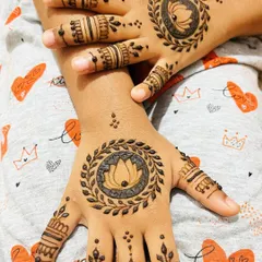 A matching set of lotus mandala designs for a child, with detailed finger bands.
