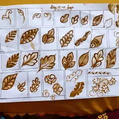 Leaves and vines are essential for connecting different elements in a design. This practice sheet from Day 10 of my course focuses entirely on creating various types of leaves, from simple to shaded.