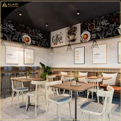 A full view of the cafe's main seating area, designed to maximize space while ensuring a comfortable dining experience with a mix of booth and table arrangements.