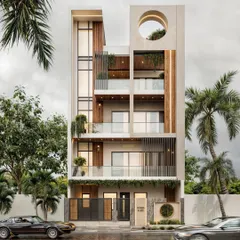 An exterior 3D render for an upcoming duplex in Sector 22, Noida. The modern facade plays with geometric forms, including a large circular cutout, and balances concrete textures with the warmth of wood paneling.