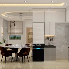 This kitchen and dining area are seamlessly integrated, perfect for modern living. The kitchen features handleless cabinets and a built-in dishwasher for a clean, minimalist look.