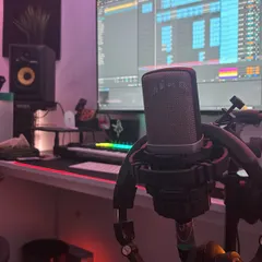 My home studio setup. This is where I write my lyrics and lay down initial ideas. A professional microphone and a clear view of the session is all I need to start building a hit.