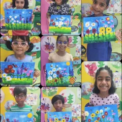 A colourful collage showcasing nine students from an acrylic painting workshop, each with their unique interpretation of a floral landscape. It's wonderful to see how one theme can inspire so many different beautiful outcomes.