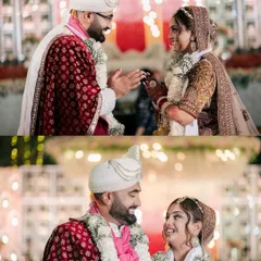 A pair of photos capturing the loving interaction between the bride and groom during their Varmala ceremony.