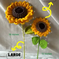 We offer our 3D crochet sunflowers in multiple sizes to fit your decor needs. Here you can see the comparison between our 16-inch large and 12-inch medium stems.