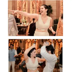 Pure, unadulterated fun on the dance floor. This collage captures the energy of the Sangeet, with guests laughing, dancing, and celebrating with abandon.