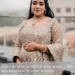 One of my specialities is maternity styling for weddings. Here is the glowing sister of the groom, looking absolutely radiant in a custom, bump-friendly mirror-work lehenga. I believe every family member, at every stage of life, deserves to feel beautiful.