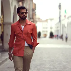A casual, confident stride in our linen safari jacket. The four-pocket design is both practical and stylish.
