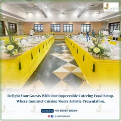 Delight your guests with this impeccable catering setup. Long tables are arranged for a formal seated meal, featuring elegant yellow decor and floral arrangements.