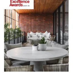 Another view of our award-winning House 111 project, highlighting the use of natural materials like brick and concrete to create a warm, tactile outdoor lounge area.
