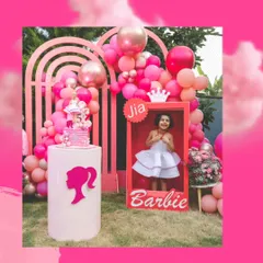For a Barbie-themed party, I created a life-sized Barbie box for the birthday girl to pose in. The area was decorated with a pink rainbow arch and balloon garlands in various shades of pink.