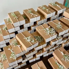 These beautiful, plastic-free wedding favor boxes were filled with my treats for a special couple's big day.