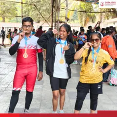 Our gold medal-winning roller skaters from the Endurance Kalyan Dombivli District Roller Skating Championships proudly bite their medals in celebration.