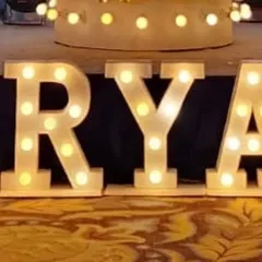 An example of custom marquee letters, spelling out "RYA". These can be rented for any event to add a personal touch.