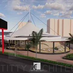 An alternate angle of the highway food court, showing the relationship between the main dining structure, parking access, and roadside signage. The design ensures easy navigation for visitors arriving by car.