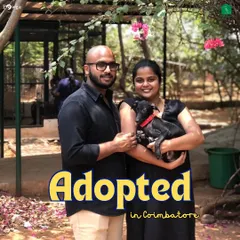 A happy couple in Coimbatore poses with their newly adopted black puppy. Our free-for-all adoption drives make it easy for loving families to find their new best friend.