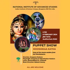 A poster for our 'Mooshikaa Katha' puppet show, a delightful story of a mouse-maiden from the Panchatantra. This show is a favorite among our youngest audience members.