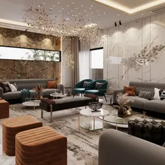 This luxury living room in Lucknow is a study in texture and light. A stunning crystal chandelier illuminates the space, highlighting the rich marble feature wall and the metallic accents on the wall decor, creating a sophisticated and glamorous environment for entertaining.