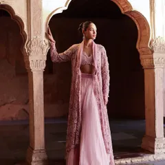 For this look, I styled a delicate embroidered jacket over a matching bralette and skirt. The goal was to create a layered, elegant silhouette that felt both traditional and modern for a bridal campaign.