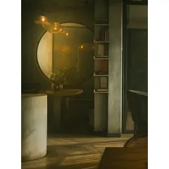 The play of light and shadow is a key design element. In this shot, you can see how the afternoon sun filters in, highlighting the textures of the raw concrete walls and the simple, elegant forms of the furniture.