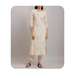 This simple off-white kurti with delicate pink block prints is an example of my daily wear tailoring. The straight cut and three-quarter sleeves make it a comfortable and versatile piece that can be paired with straight pants or palazzos.