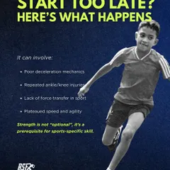 What happens if strength training starts too late? This infographic explains the consequences, which can include poor deceleration mechanics, recurring knee or ankle injuries, and a plateau in speed and agility. Strength is a prerequisite for high-level skill.