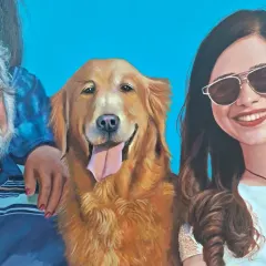 Detail of a custom pet portrait, part of a larger family painting. I take care to capture the unique features and spirit of animal companions, as they are integral members of the family.