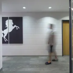 This transitional corridor in the Grey Apartment features a clean, modern design with white tiled walls and grey stone-textured flooring. A striking black-and-white horse artwork adds visual interest.