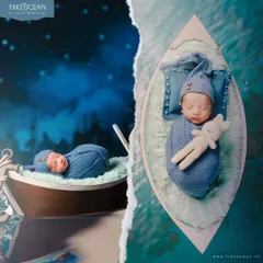 A creative split-view of our tiny sailor theme, showing the baby peacefully adrift in his boat under a starry night sky. This artistic edit adds a touch of storytelling to the newborn portrait.