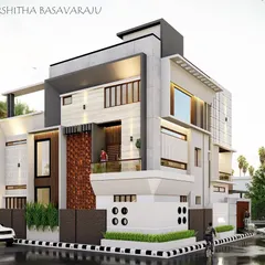 This corner plot design uses strong geometric forms and a mix of materials like white marble, textured brown panels, and concrete finish. The cantilevered sections and large windows create a dynamic and modern architectural statement.