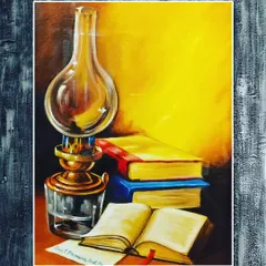 A classic still life painting of a lantern and books, done with acrylics. This piece demonstrates a strong understanding of light, shadow, and composition.