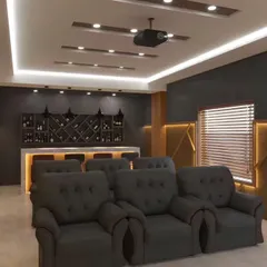 A home theater design featuring classic recliner seating and a dedicated bar and wine storage area. The dark color palette and focused lighting create an authentic cinema feel.